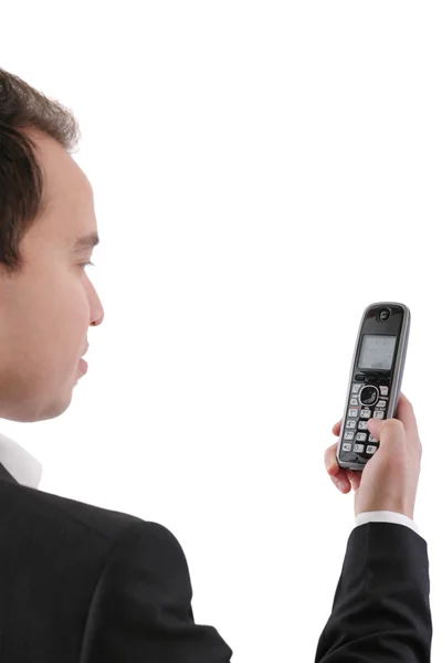 Back view of Caucasian man looking at phone. Focus in the phone — Stock Photo, Image