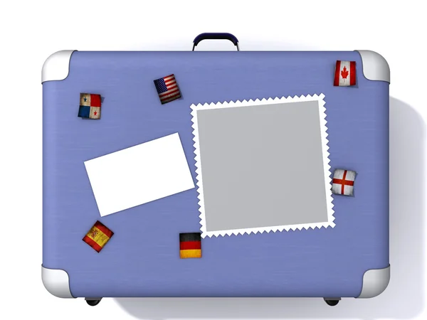 Illustratie van een licht blauwe koffer bedekt met reizen stickers — Stockfoto