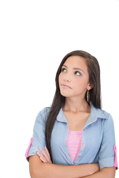 Thoughtful and worried woman looking up, isolated over a white b — Stock Photo, Image