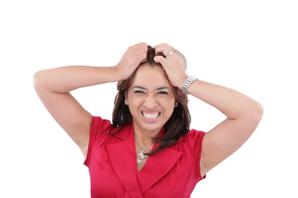 Donna guardando scioccato e arrabbiato contro sfondo bianco — Foto Stock