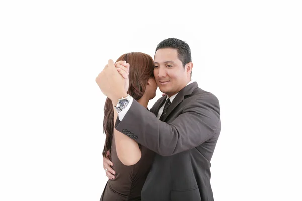 Casal jovem dançando sobre fundo branco — Fotografia de Stock