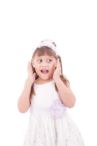 Retrato de criança emocionalmente. Engraçado menina isolada no branco — Fotografia de Stock