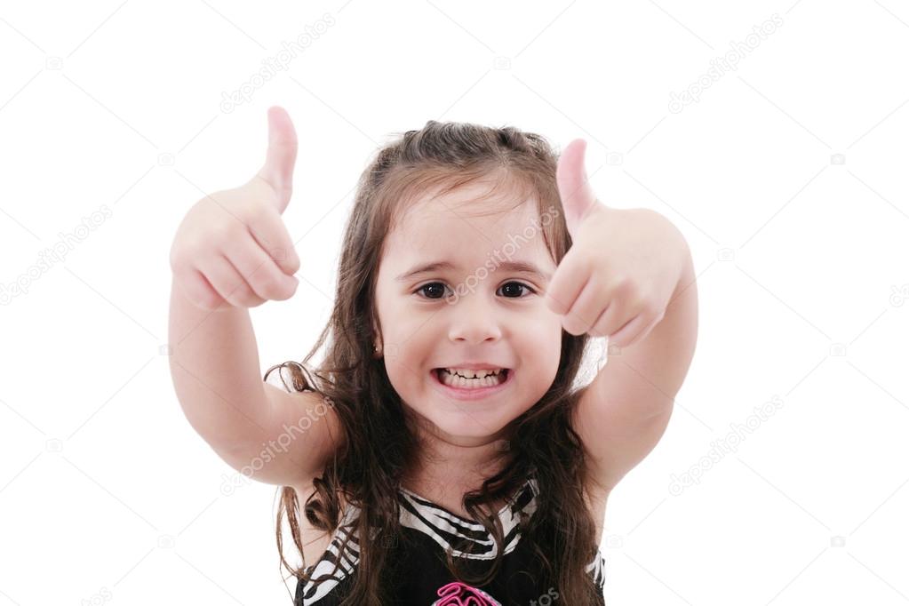 Close up portrait of cute girl showing thumbs up.Isolated on whi