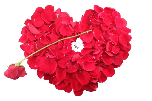 Forma de corazón de pétalos con un anillo y una rosa roja —  Fotos de Stock