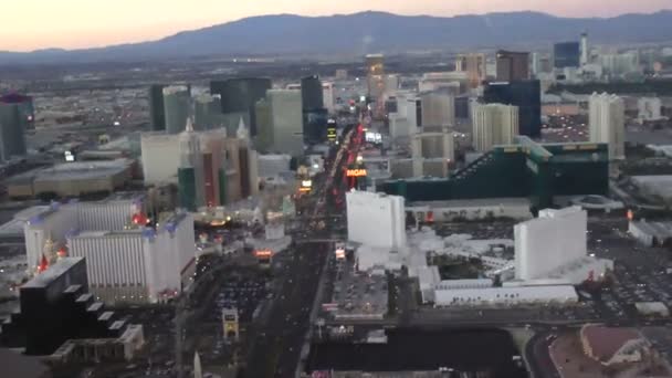 LAS VEGAS - CIRCA 2014: Aerial view at sunset of Las Vegas Strip in Las Vegas, Nevada on CIRCA 2014. — Stock Video