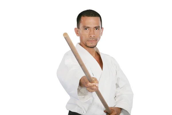 Vértes elszigetelt portréja harcművészeti ember kimonó excercis — Stock Fotó