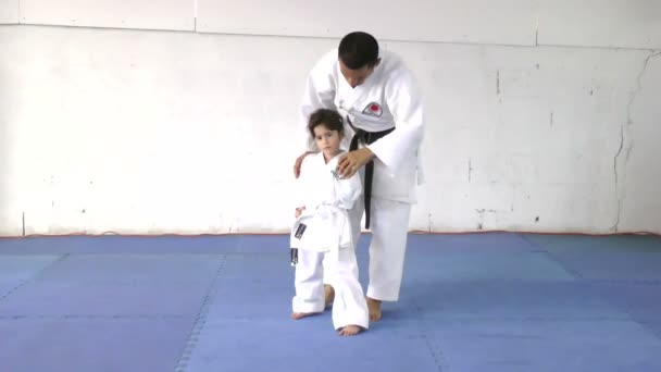 Klein meisje leren van haar karate-instructeur — Stockvideo