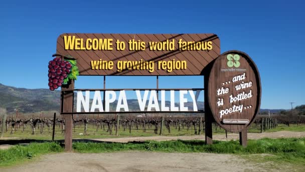 Napa Valley California 2022年2月6日 ブドウの列の前に設定されたナパバレーの木製ウェルカムサイン ナパバレーはアメリカでも有数のブドウ栽培地域として広く知られています — ストック動画