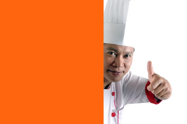Chef da pulgares hacia arriba signo con espacio en blanco naranja —  Fotos de Stock