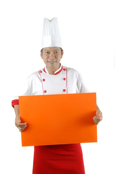 Chef espera espaço em branco laranja — Fotografia de Stock
