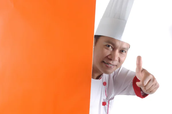 Chef donne pouces signe avec espace vide orange — Photo