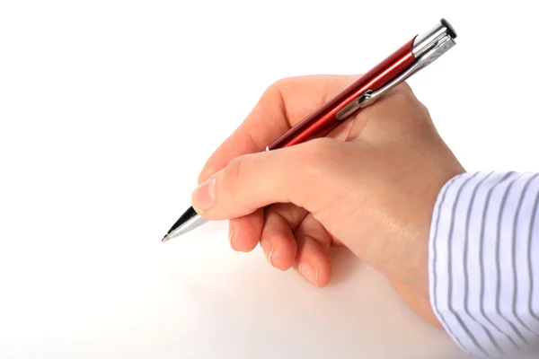 Hand with red pen — Stock Photo, Image