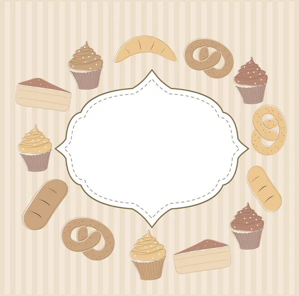 Tarjeta con cupcakes y otros alimentos dulces — Vector de stock