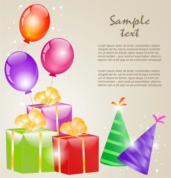 Gift boxes with gold ribbons and balloons — Stock Vector