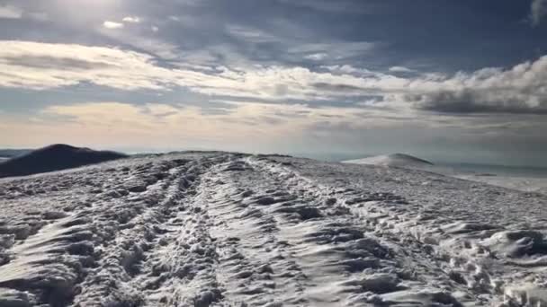 Går Den Snöiga Stigen Solig Vinterdag — Stockvideo