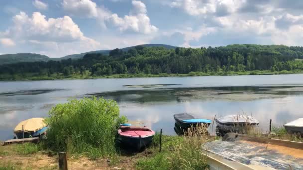 阳光明媚的夏日 新旧的小船停泊在湖边 — 图库视频影像