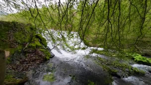 Waterfall Flowing Out Lake Forming River — Vídeo de Stock