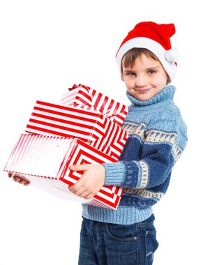 Noel Baba'nın şapkalı hediye kutusu ile küçük çocuk