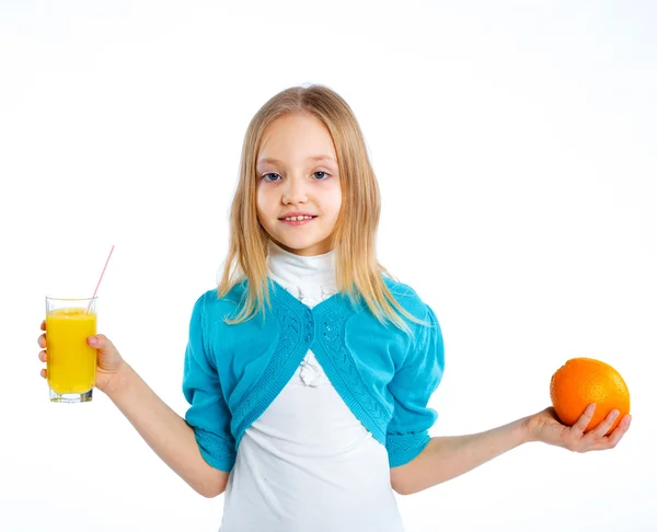 Happy smiling girl with fruits and juice — Stock Photo, Image