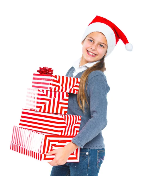 Leuk meisje in kerstmuts met een doos van de gift — Stockfoto