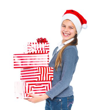 Noel Baba'nın şapkalı hediye kutusu ile şirin kız