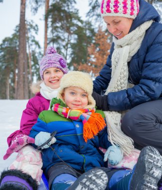 iki çocuğum kış-peyzaj sledging annesiyle. çocuk üzerinde odaklanmak.