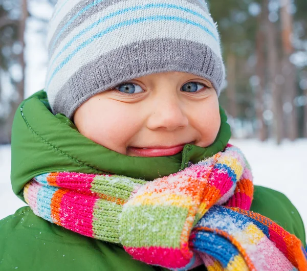 Porträtt av en liten pojke i vinter skog. — Stockfoto