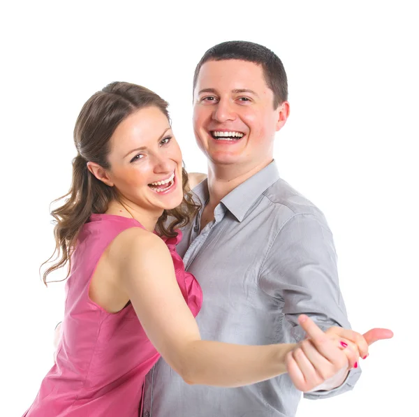 Retrato de um belo jovem e feliz casal sorridente. Fundo branco isolado — Fotografia de Stock