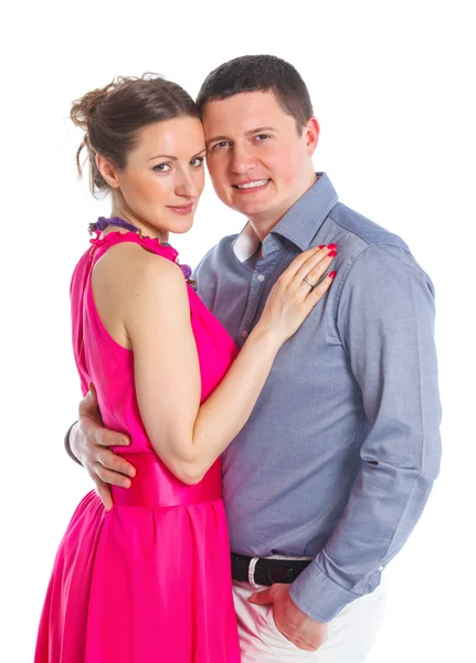 Retrato de una hermosa joven feliz pareja sonriente. Fondo blanco aislado — Foto de Stock