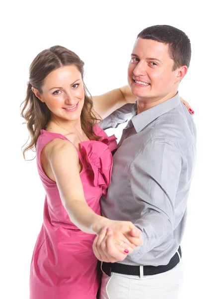 Retrato de una hermosa joven feliz pareja sonriente. Fondo blanco aislado — Foto de Stock