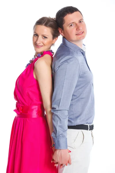 Portrait of a beautiful young happy smiling couple. Isolated white backround — Stock Photo, Image