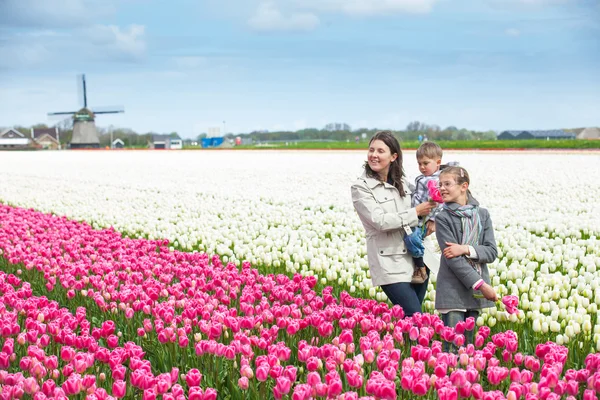 Familie und Tulpenfeld — Stockfoto