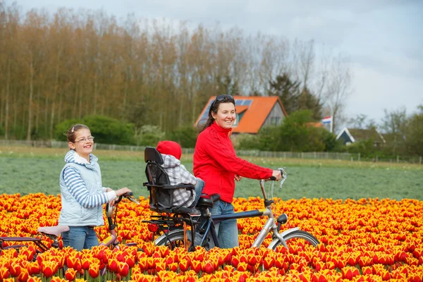Οικογένεια με τα ποδήλατα στην άνοιξη λουλούδι πεδία — Φωτογραφία Αρχείου