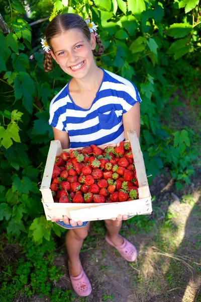 Hermosa chica sonriente sosteniendo una caja de fresas en el jardín — Foto de Stock