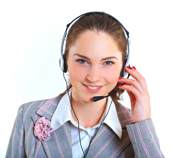 Joven mujer de negocios con auriculares — Foto de Stock