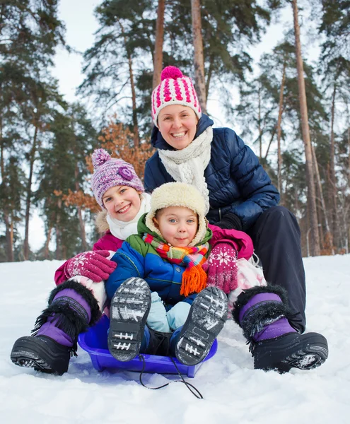Веселая семья катается на санках в зимнем пейзаже — стоковое фото