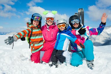 Skiing winter fun. Happy family clipart