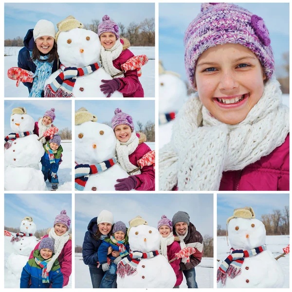 Οικογένεια με έναν χιονάνθρωπο — Φωτογραφία Αρχείου