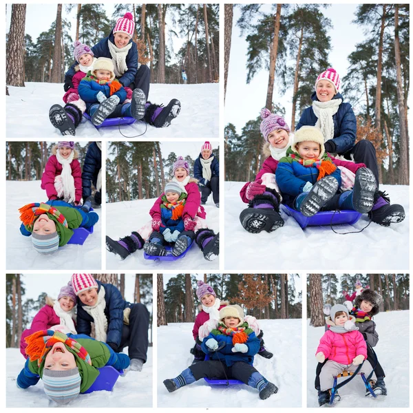 Funny family is sledging in winter-landscape — Stock Photo, Image