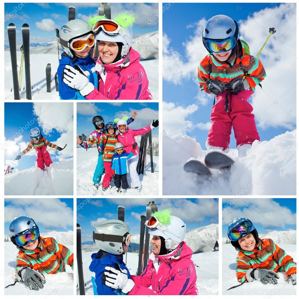 Skiing winter fun. Happy family