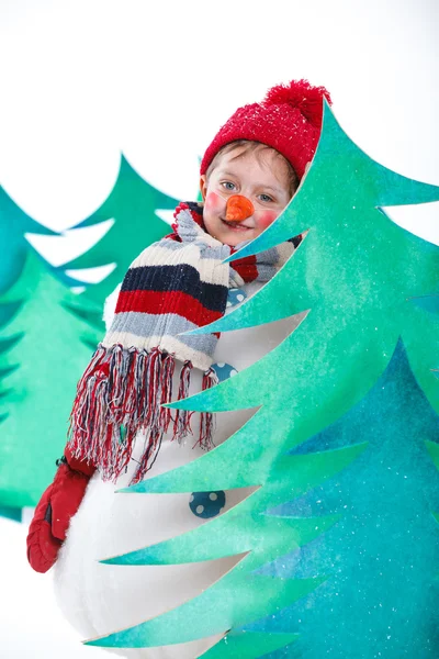 Niño en traje muñeco de nieve — Foto de Stock