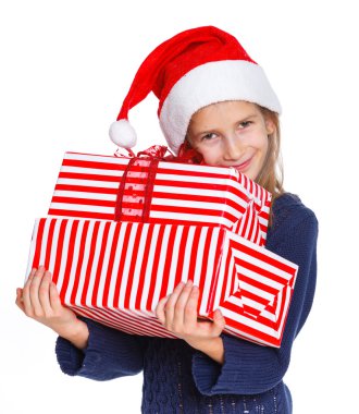 hediye kutusu ile Noel Baba şapkalı kız