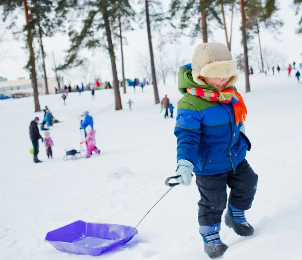 Мальчик на санях в снегу — стоковое фото