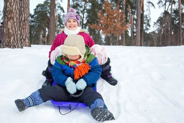 Kinderen op sleeën in sneeuw — Stockfoto