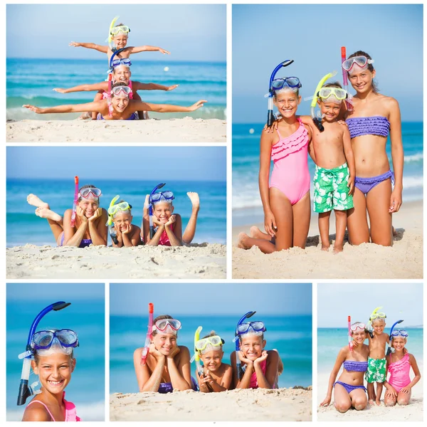 Três crianças felizes na praia ... — Fotografia de Stock