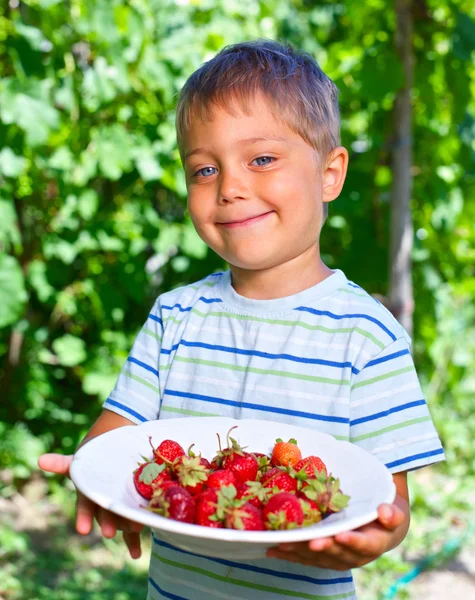 Little boy with strawberry. — Stock Photo, Image