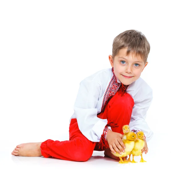 Chlapec s roztomilý Kachňata — Stock fotografie