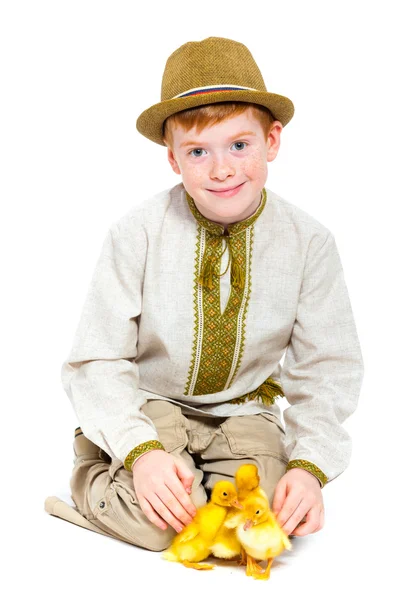 Boy with cute ducklings — Stock Photo, Image