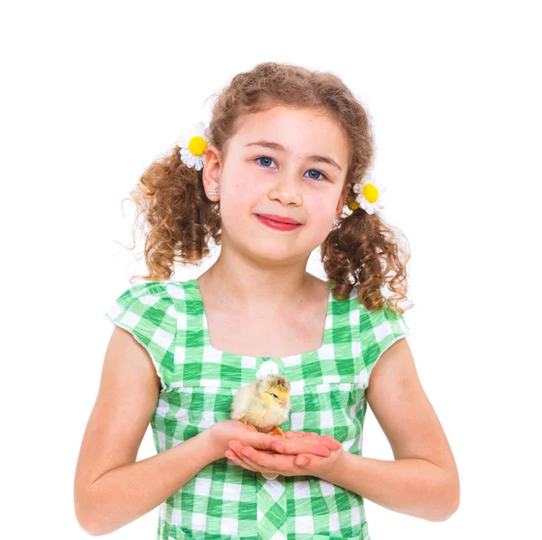 Happy little girl with chickens — Stock Photo, Image