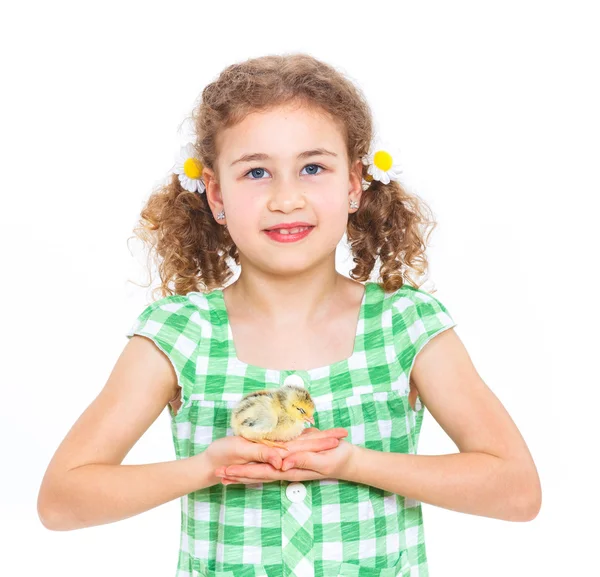 Happy little girl with chickens — Stock Photo, Image